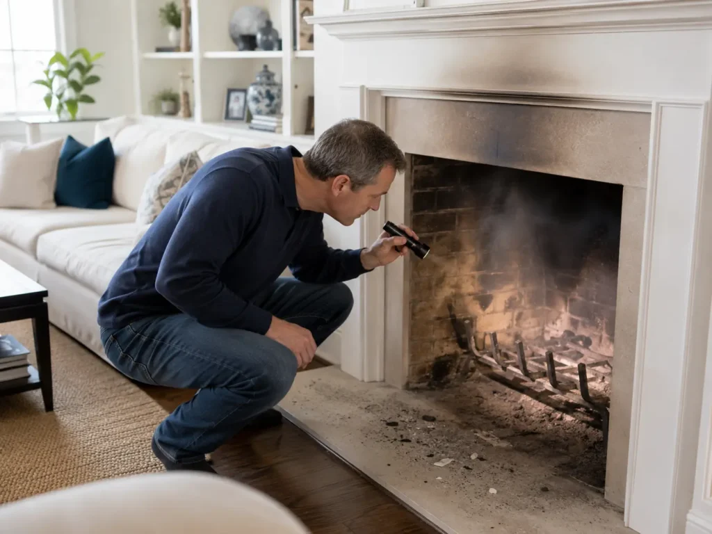 Inspecting the hearth in a cozy living room