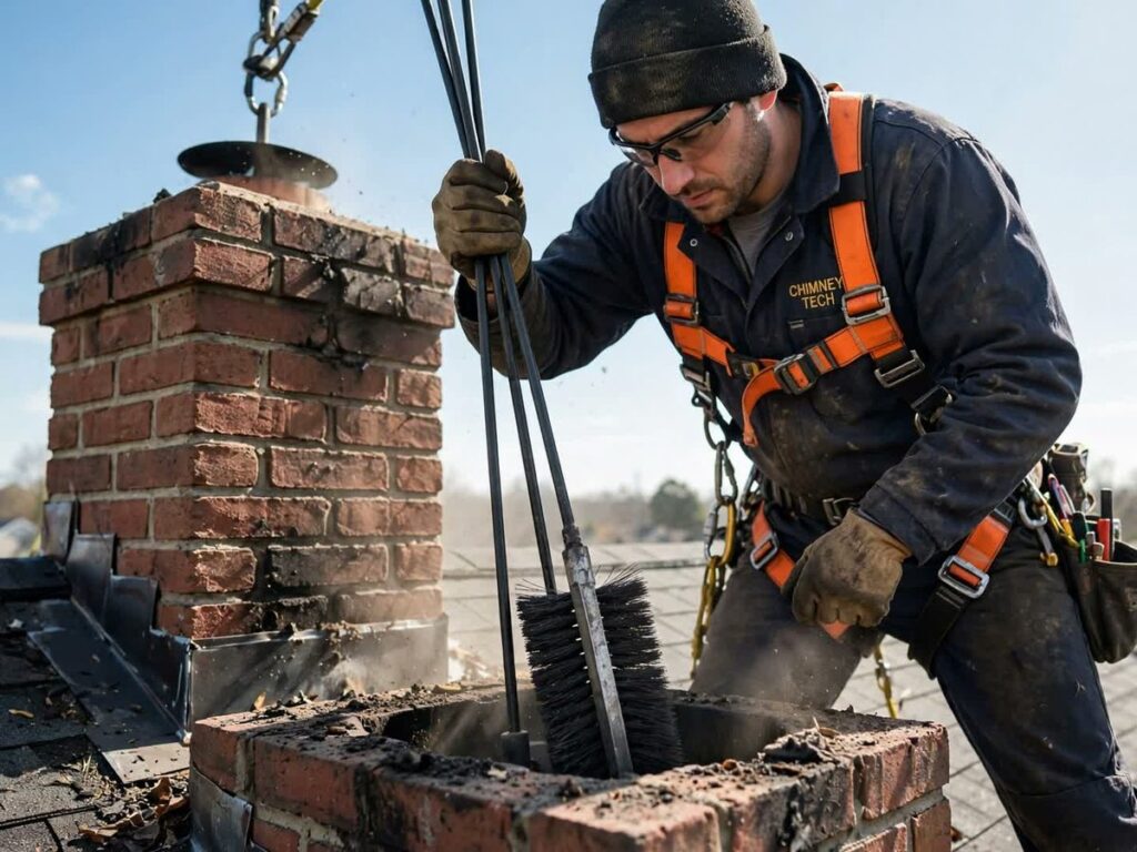 OakTree technician sweeping a chimney on a rooftop